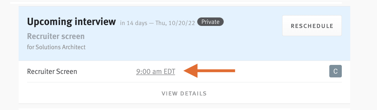interview scheduler with arrow pointing to timezone warning