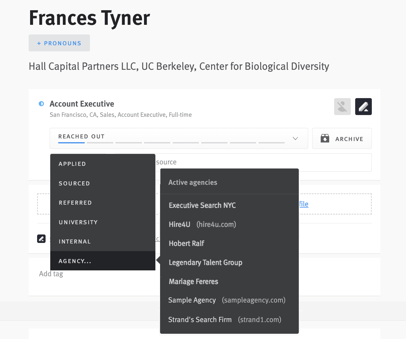 Candidate profile showing source tag drop down