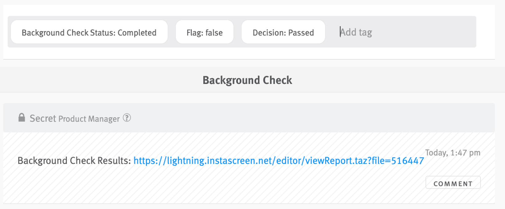 Close up of Lever opportunity profile with tags reading Background Check Status: Completed, Flag: false, and Decision: Passed; a link to the background check results also appears in the candidate story.