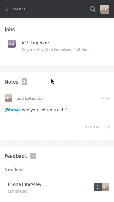Live image of notes section on candidate profile on Lever mobile site; user clicks See All.