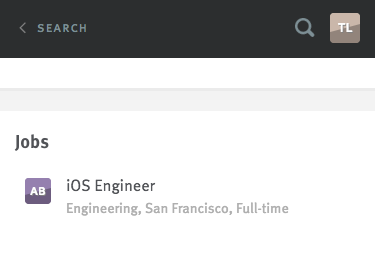 Third section of candidate profile on Lever mobile site listing opportunities associated with the candidate