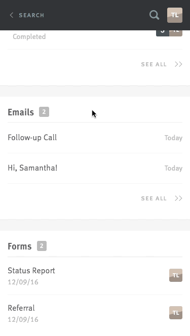 Live image of emails section on candidate profile on Lever mobile site; section is expanded by clicking See All to view all emails.