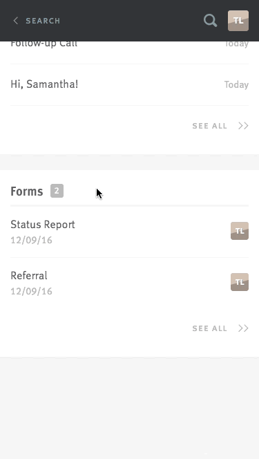 Live image of forms section on candidate profile on Lever mobile site; section is expanded by clicking See All to view all forms.